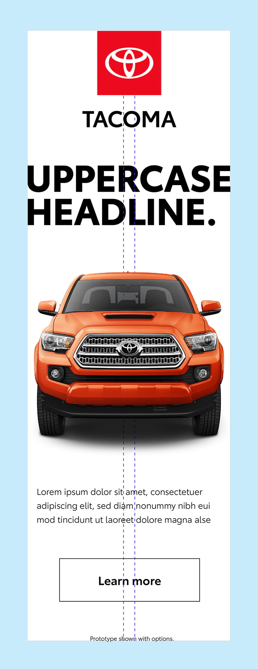 Example of center aligned logo, center aligned headline, center aligned body copy and center aligned disclaimer