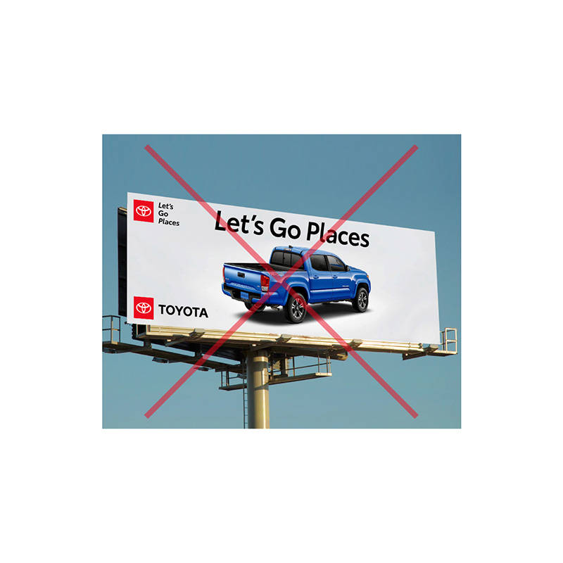 Red X over billboard with Let's Go Places logo, Let's Go Places headline, and brand logo