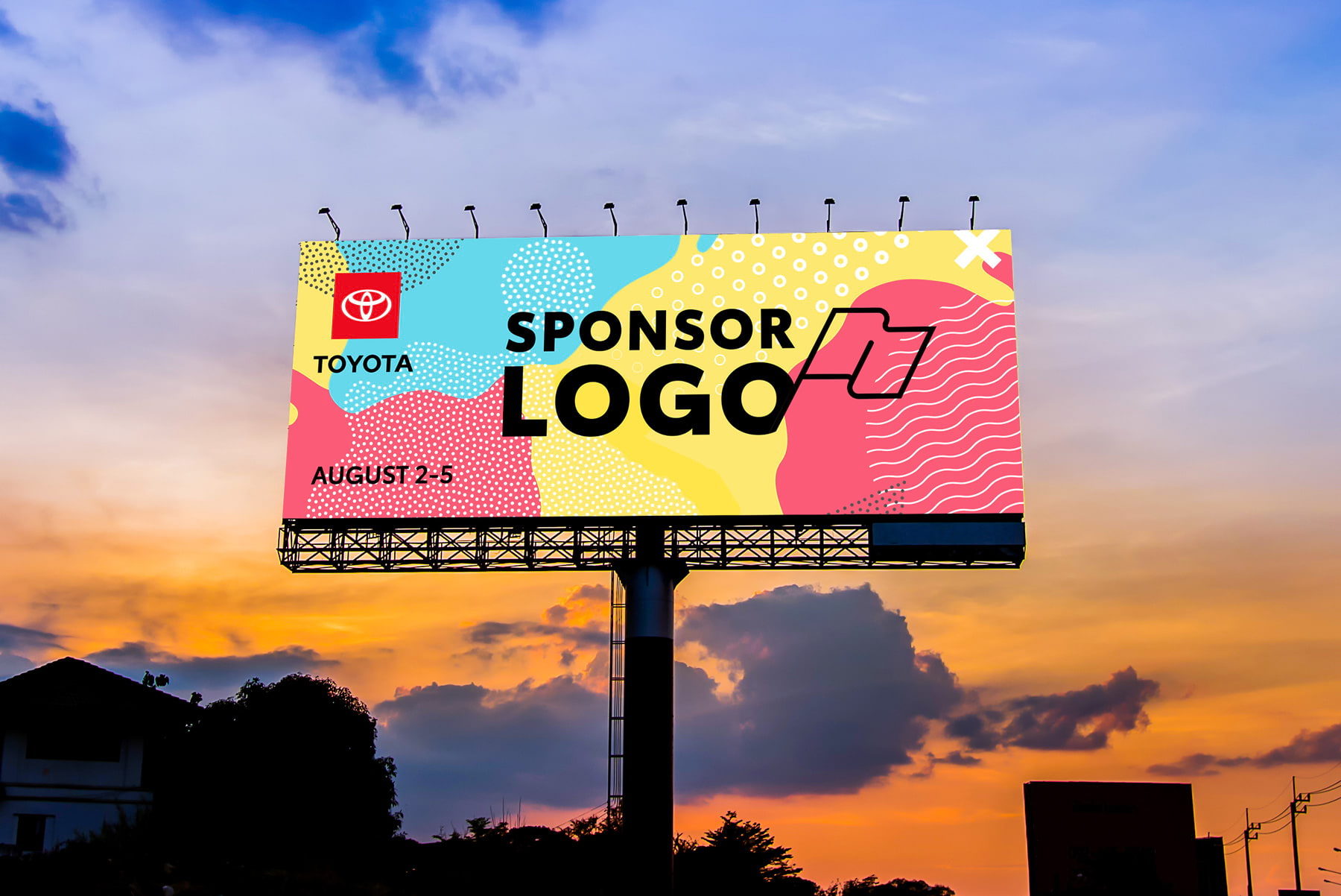 Billboard with Toyota brand logo standing apart from sponsor logo