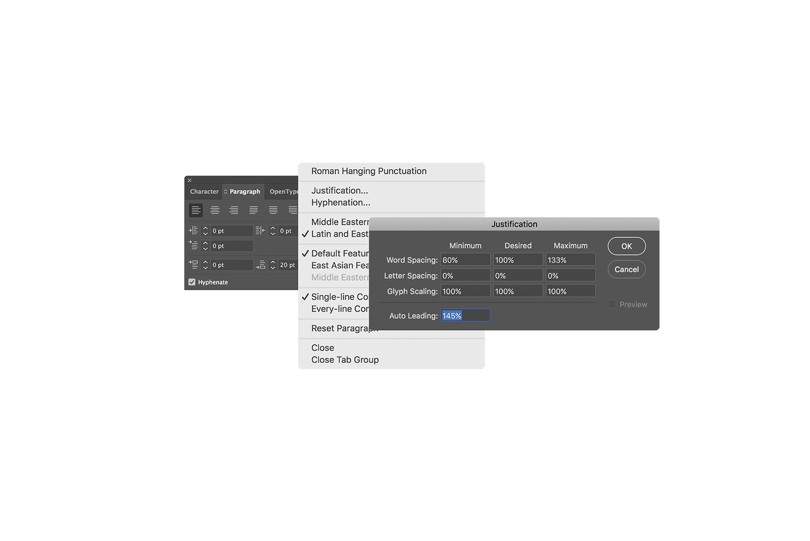 Adobe CC panels related to text justification