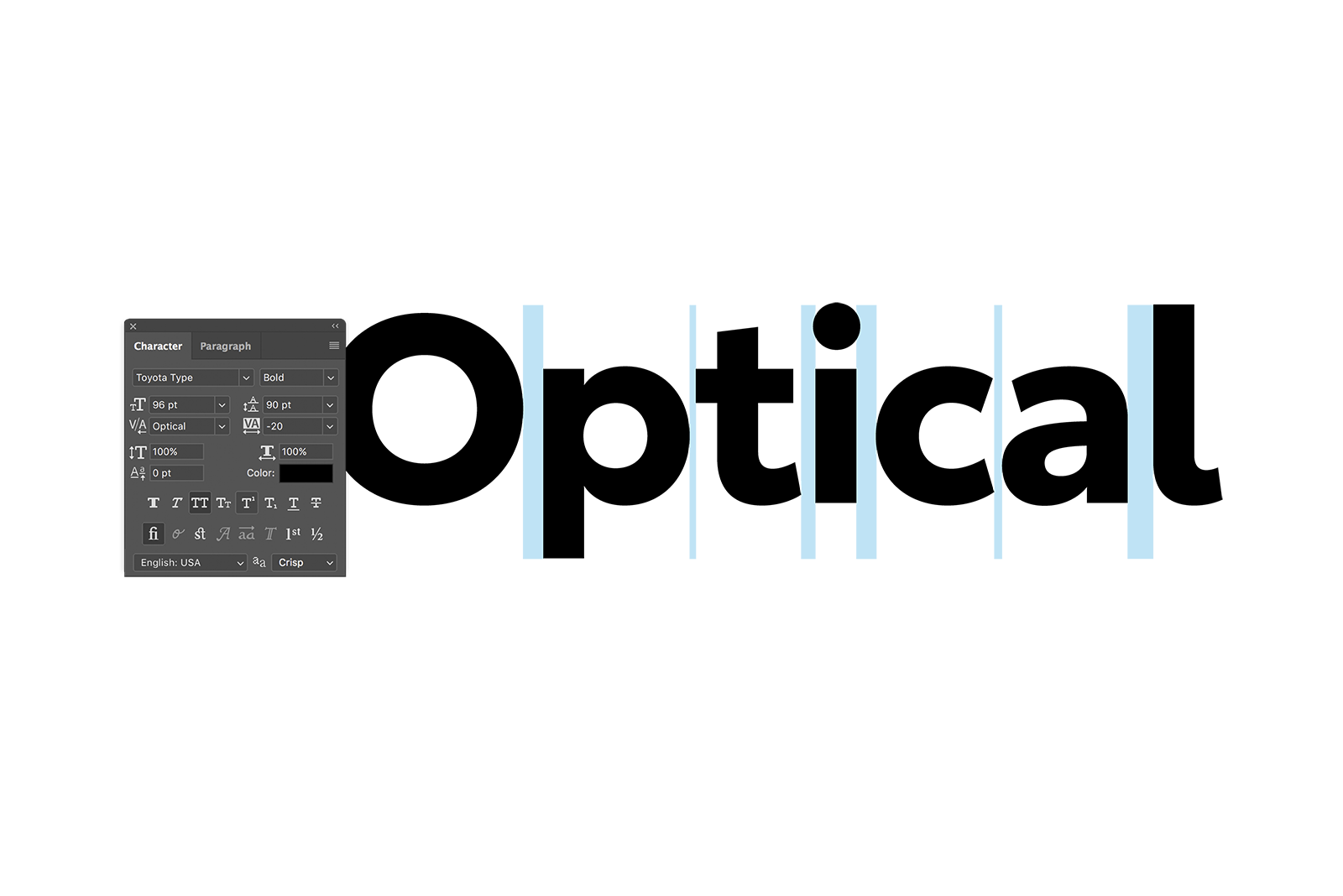 Adobe character palette showing optical kerning
