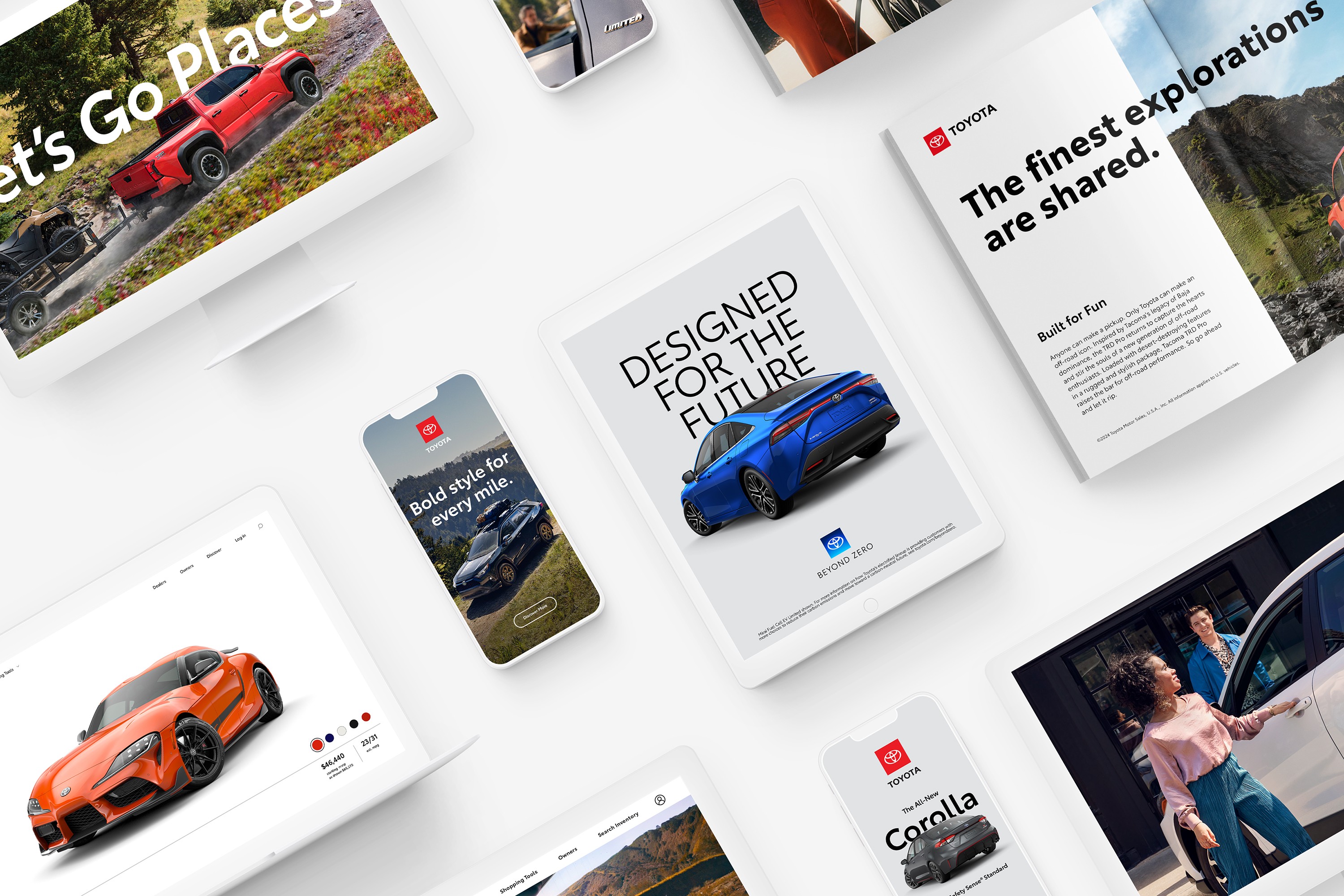 An iPhone, iPad and magazine display images of different Toyota ads and website pages.