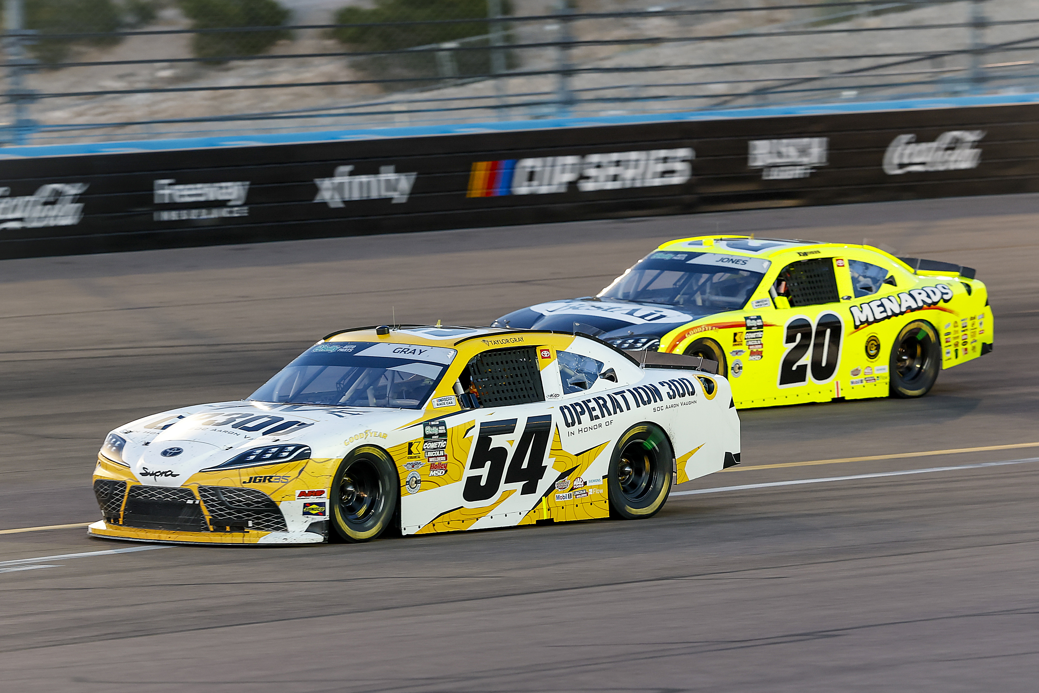 #54: Taylor Gray, Joe Gibbs Racing, Operation 300 Toyota Supra, #20: Brandon Jones, Joe Gibbs Racing, Menards/BestAir Toyota Supra