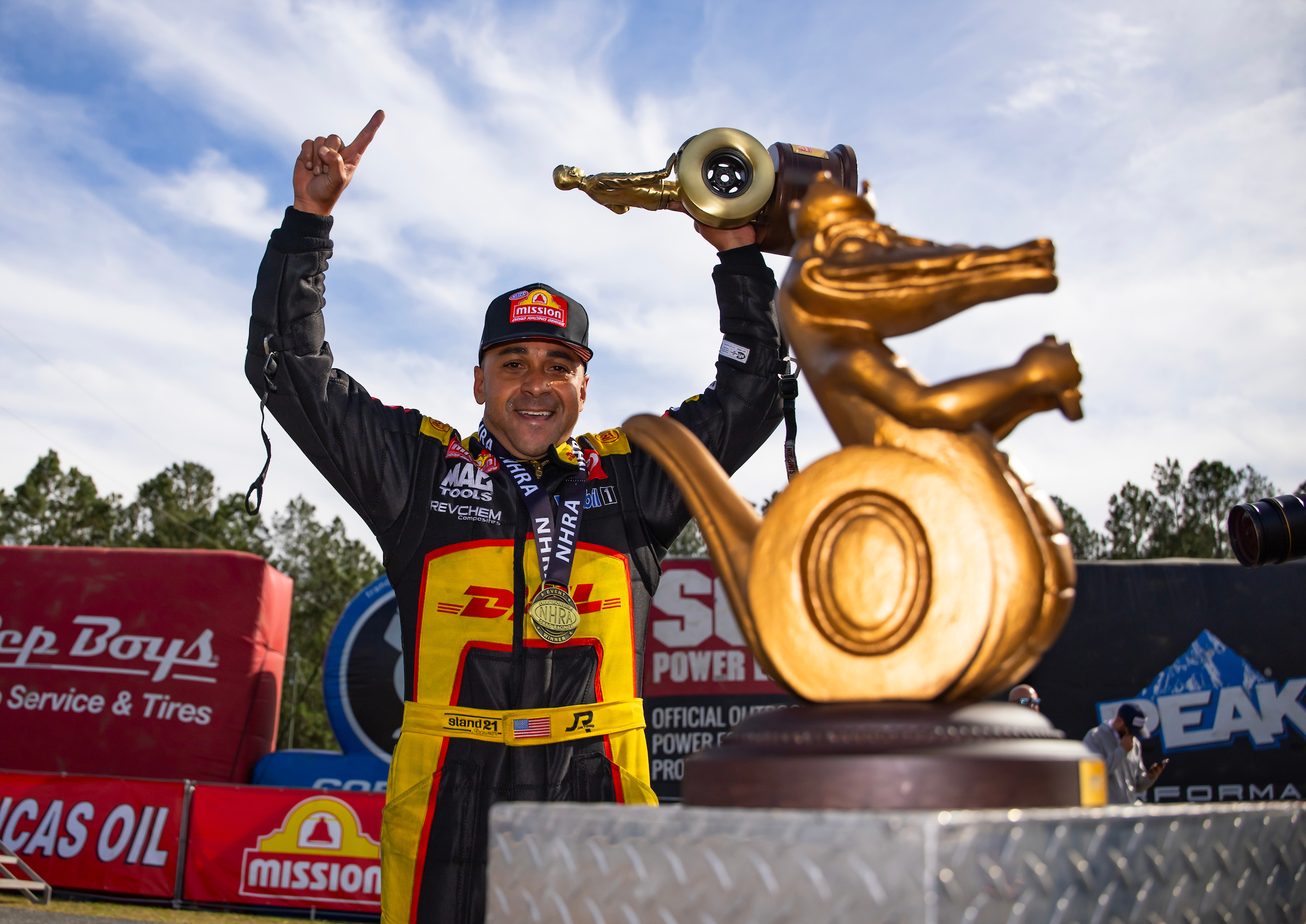 J.R. Todd, DHL, Supra, Funny Car, victory, celebration, trophy