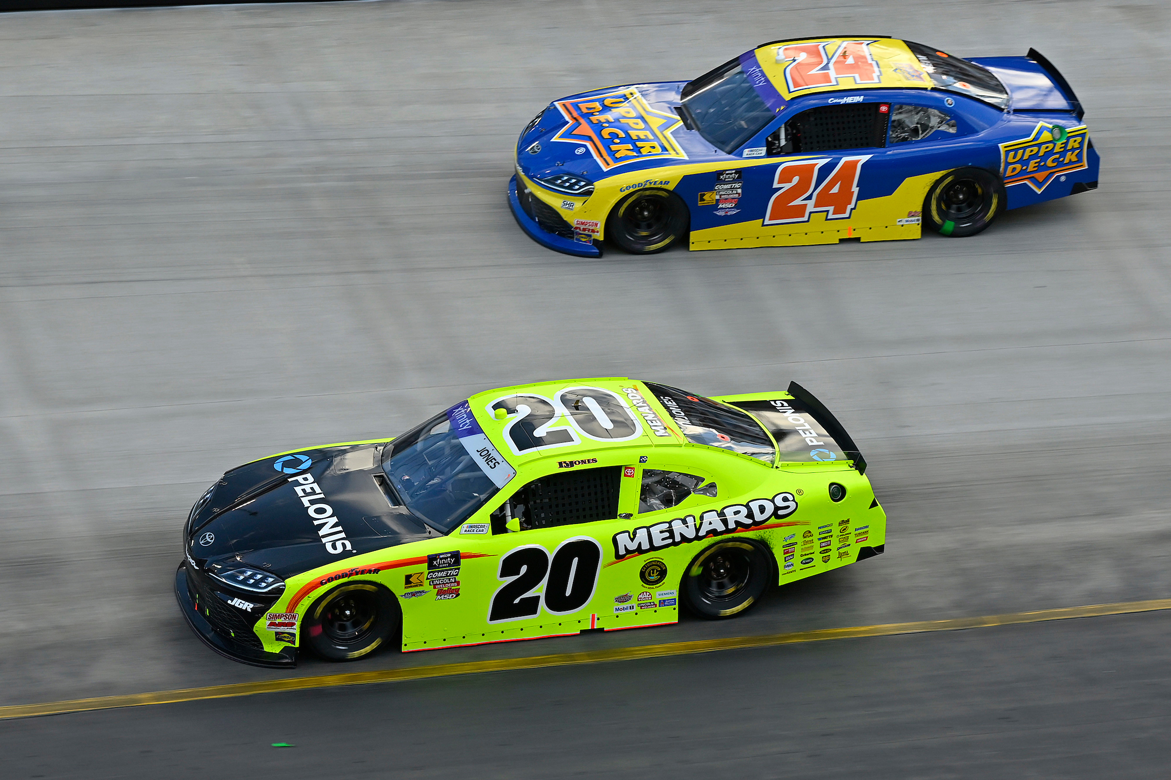 #20: Brandon Jones, Joe Gibbs Racing, Menards/Pelonis Toyota Supra and #24: Corey Heim, Sam Hunt Racing, Upper Deck Toyota Supra