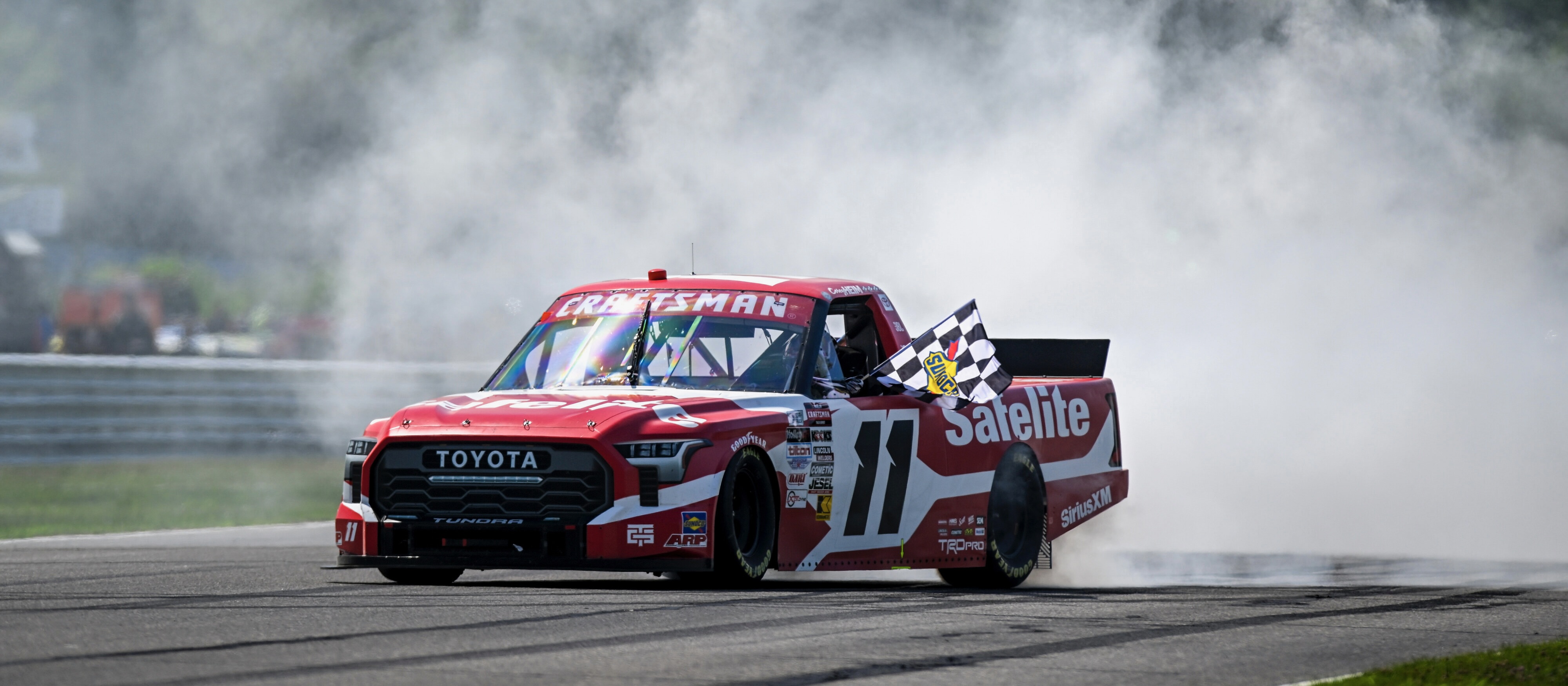 #11: Corey Heim, TRICON Garage, Safelite Toyota Tundra, winner, burn out