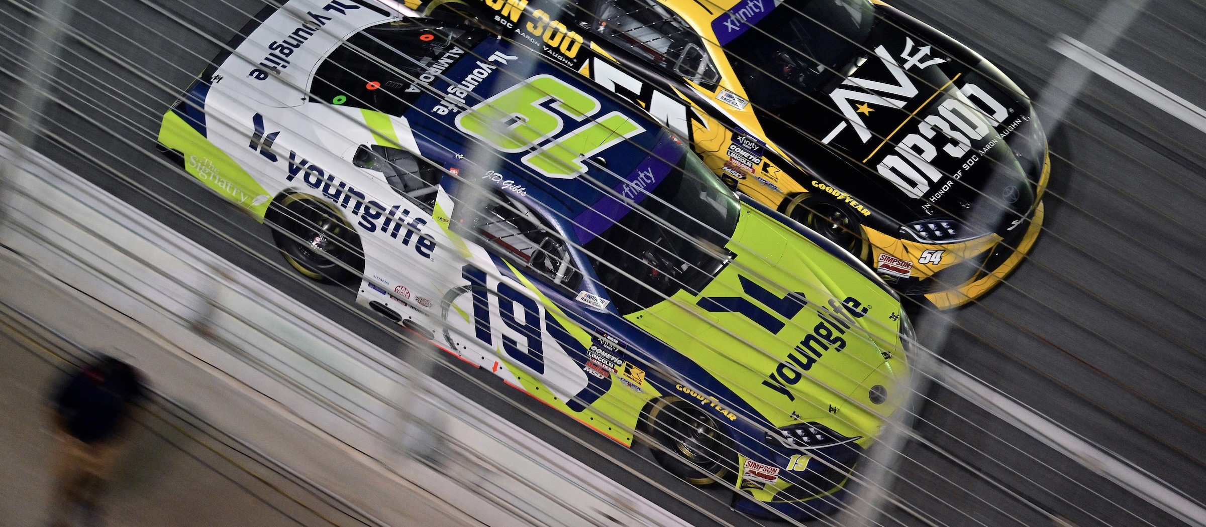 #19: Aric Almirola, Joe Gibbs Racing, Young Life Toyota Supra and #54: Taylor Gray, Joe Gibbs Racing, Operation 300 Toyota Supra