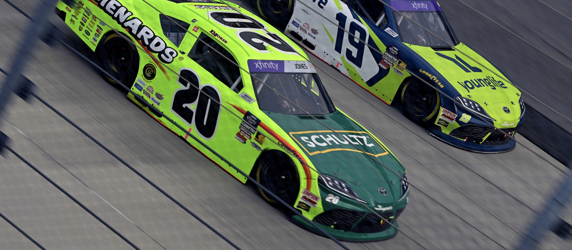 #20: Brandon Jones, Joe Gibbs Racing, Menards/Schultz Toyota Supra and #19: Aric Almirola, Joe Gibbs Racing, Young Life Toyota Supra