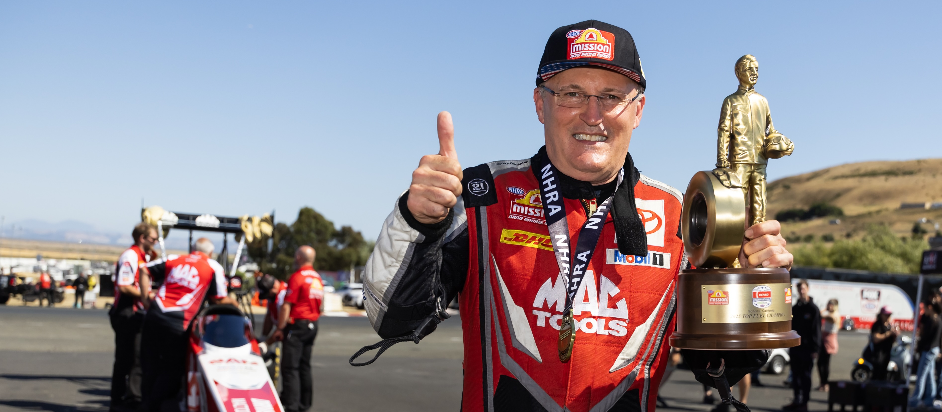 Doug Kalitta, Mac Tools, top fuel, victory, celebration, trophy