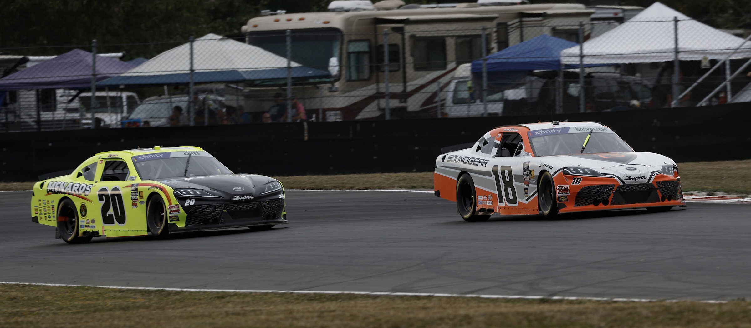 #18: William Sawalich, Joe Gibbs Racing, Soundgear Toyota Supra; #20: Brandon Jones, Joe Gibbs Racing, Menards/Pelonis Toyota Supra