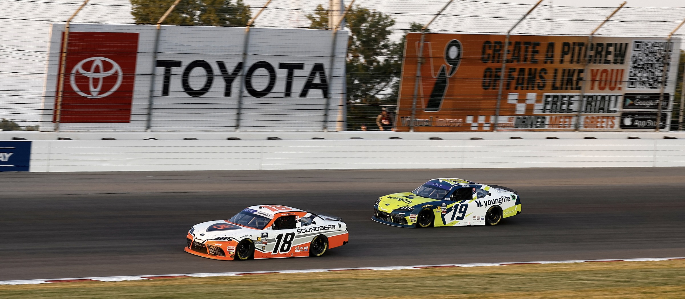 #18: William Sawalich, Joe Gibbs Racing, Soundgear Toyota Supra; #19: Aric Almirola, Joe Gibbs Racing, Young Life Toyota Supra