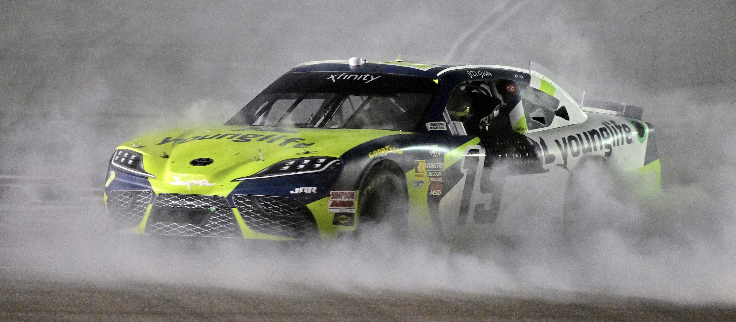 #19: Aric Almirola, Joe Gibbs Racing, Young Life Toyota Supra celebrates his win