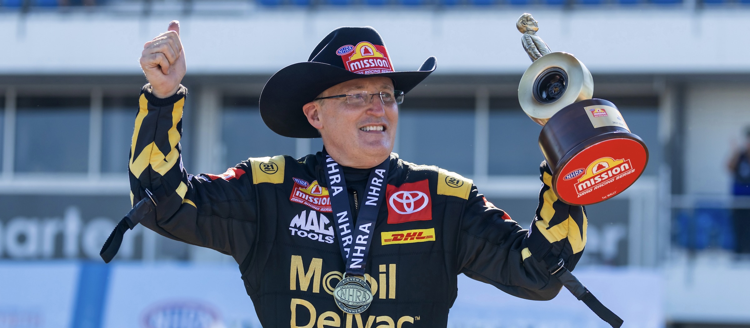 Doug Kalitta, Mac Tools, top fuel, Mobil 1, victory, celebration, trophy