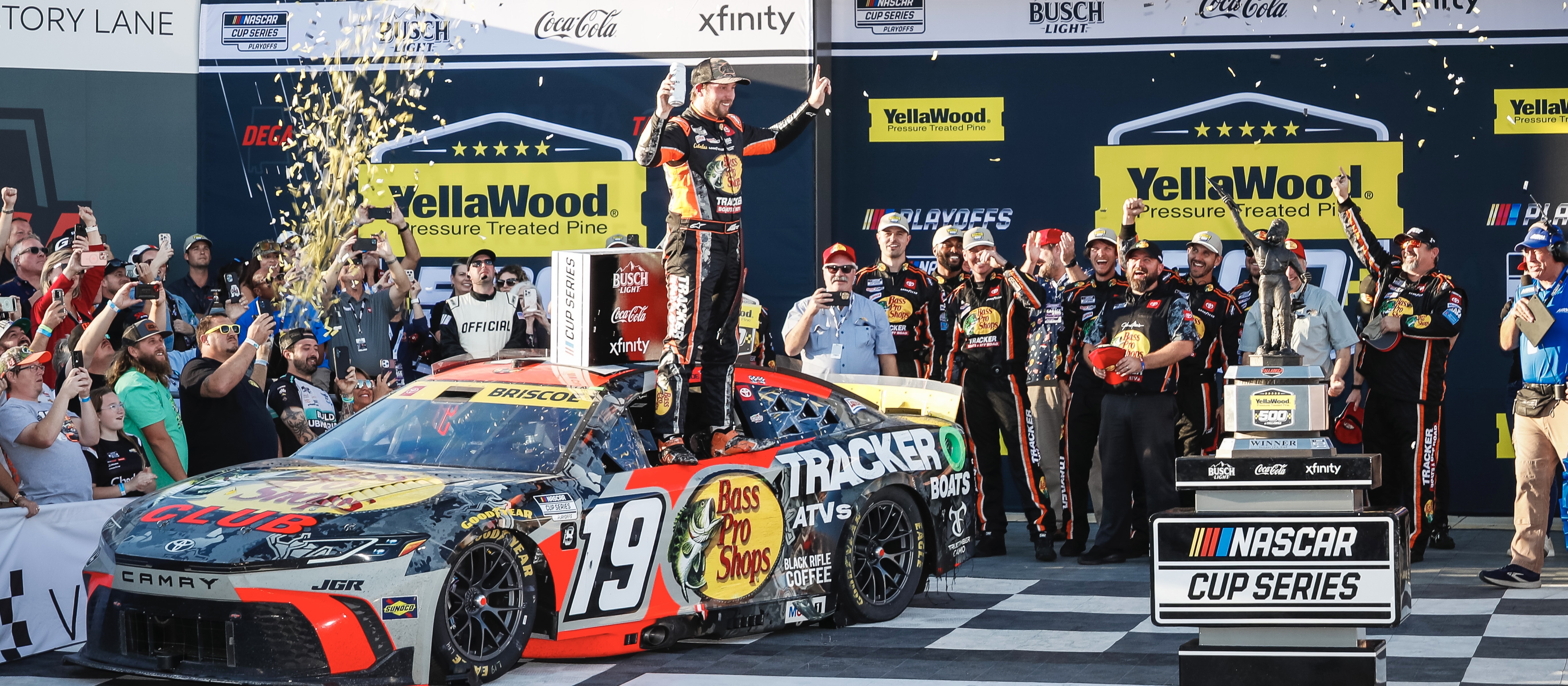#19: Chase Briscoe, Joe Gibbs Racing, Bass Pro Shops Toyota Camry in victory lane
