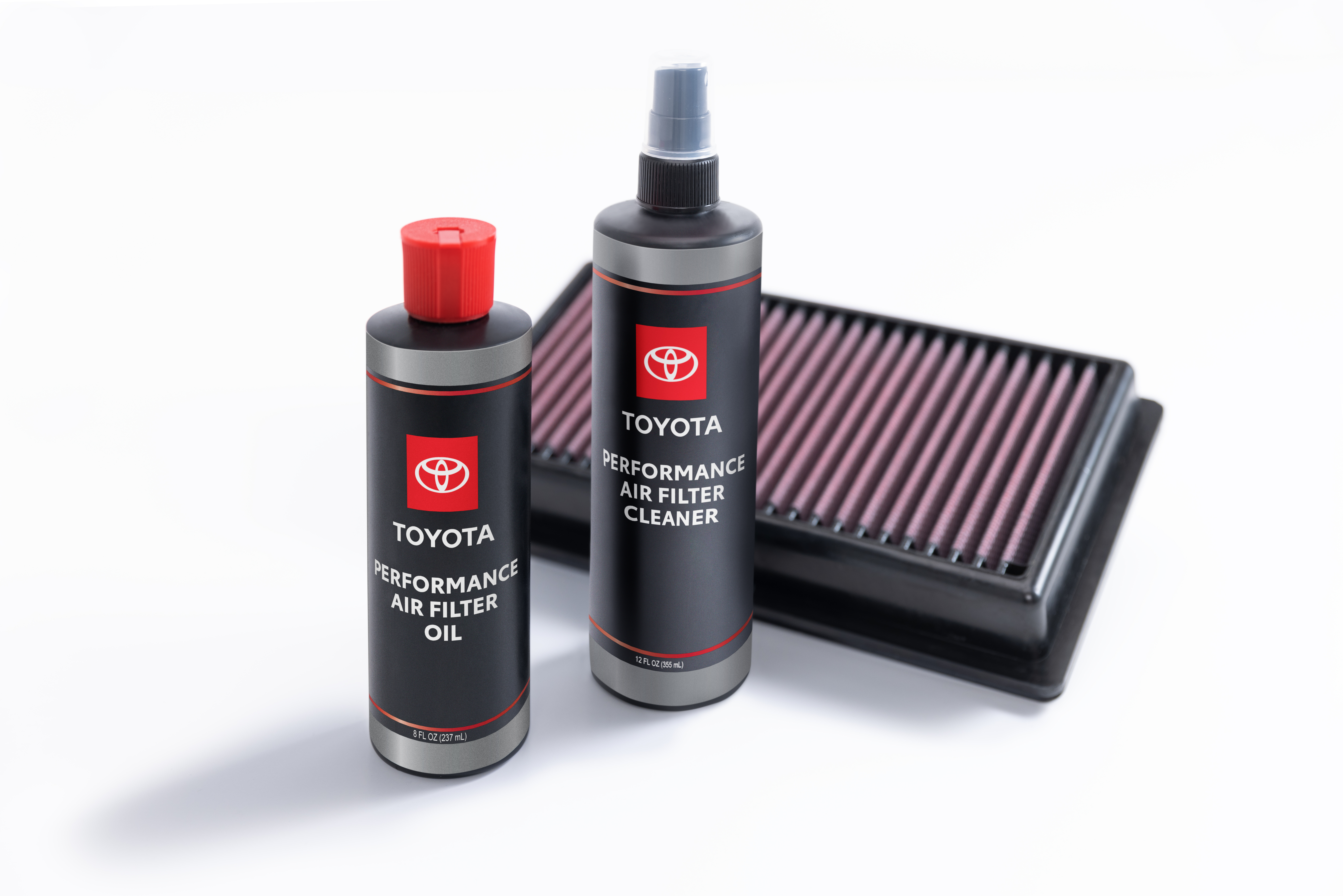 Toyota Performance Air Filter Cleaner and Air Filter Oil Bottles in front of Air Filter