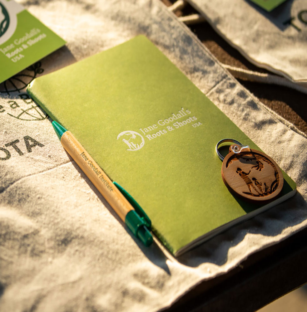 Dr. Jane Goodall helps two children plant a tree in the ground