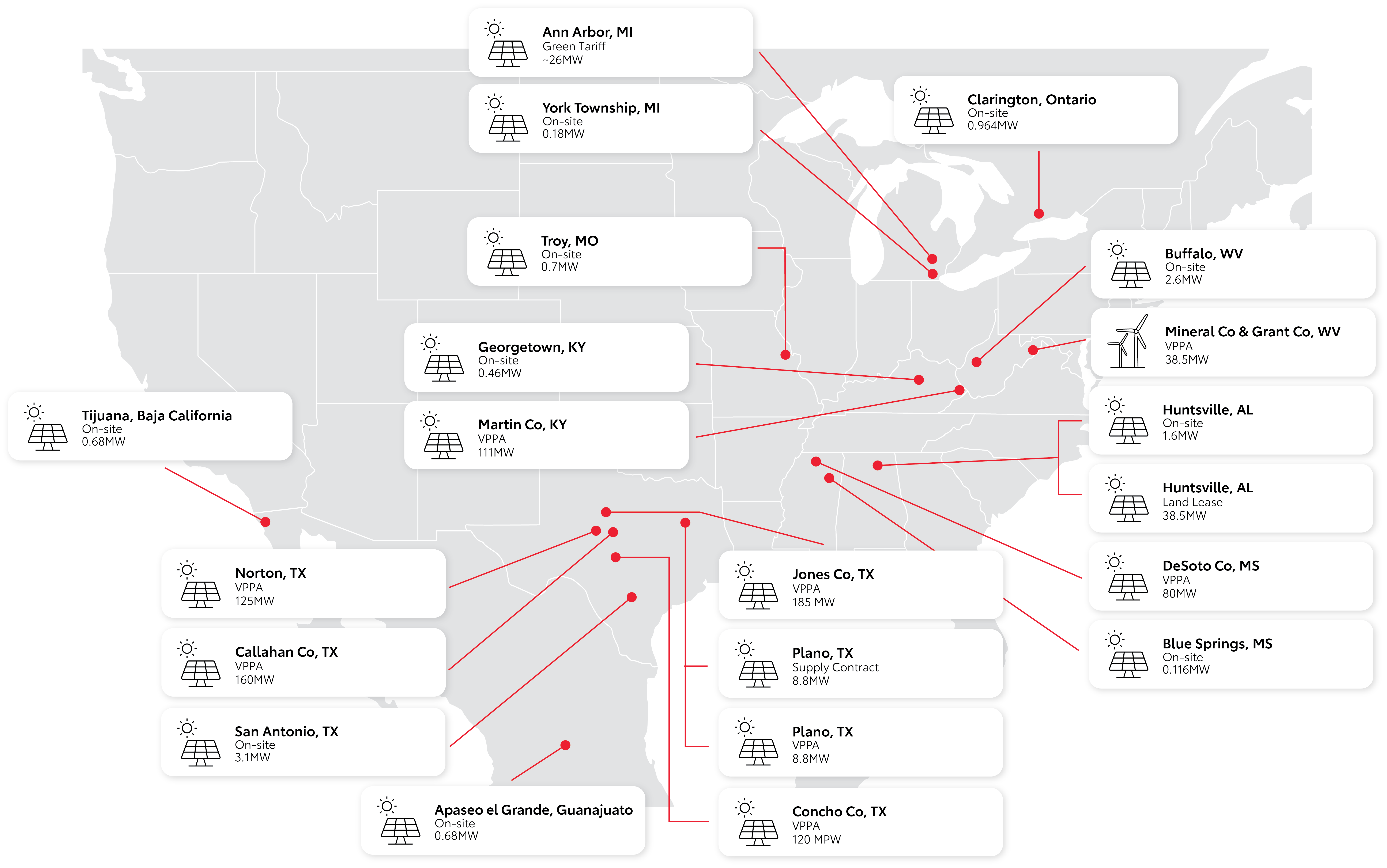 Map of the U.S. showing all Toyota locations with renewable energy projects,Map of the U.S. showing all Toyota locations with renewable energy projects