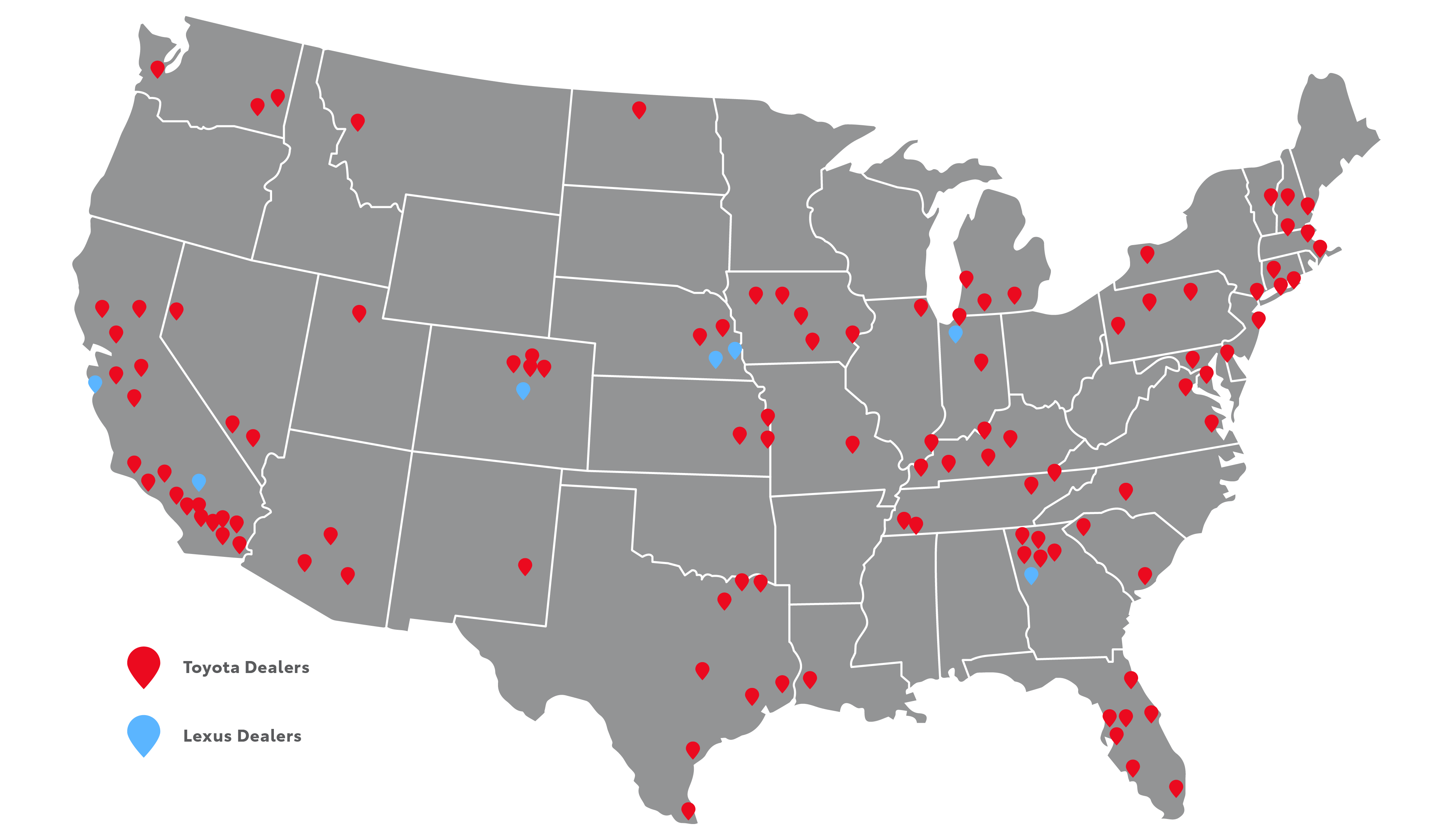 Map of the U.S., showing all Toyota and Lexus D.E.E.P. dealership locations,Map of the U.S., showing all D.E.E.P. locations