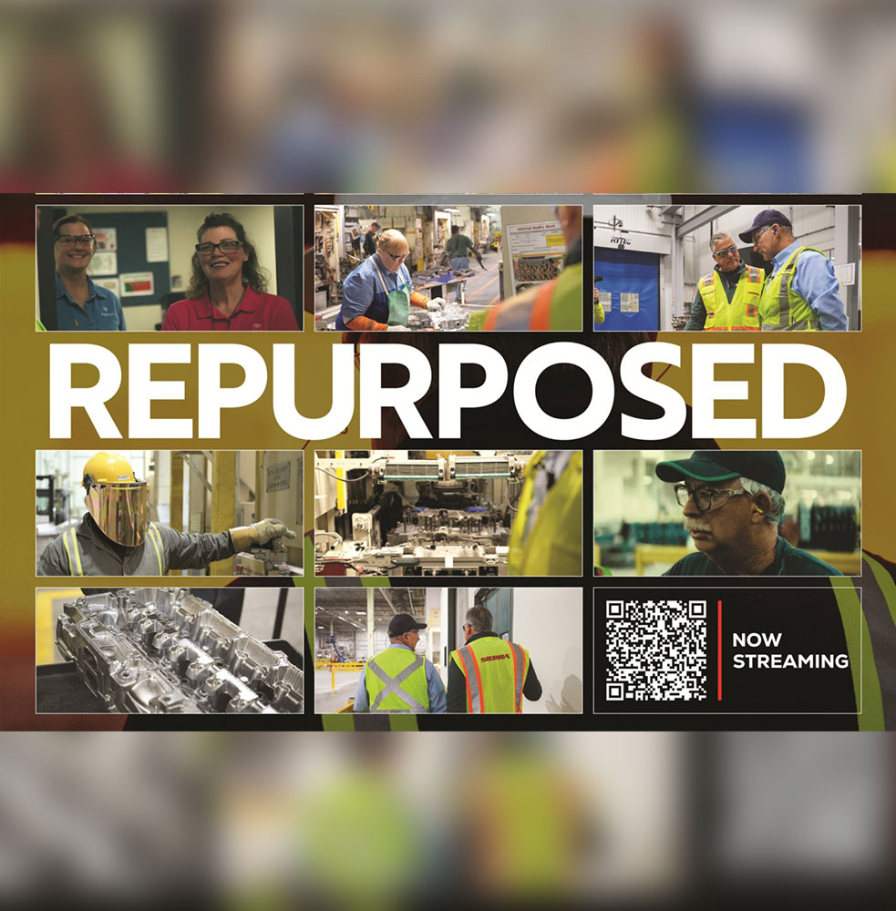 Collage of Toyota team members interacting with each other and working on an assmble line